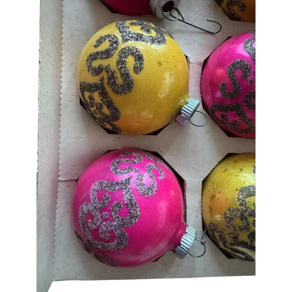 Shiny Brite Vintage Mercury Glass Stenciled Christmas Ornaments Set of 6 1960s - Picture 3 of 7